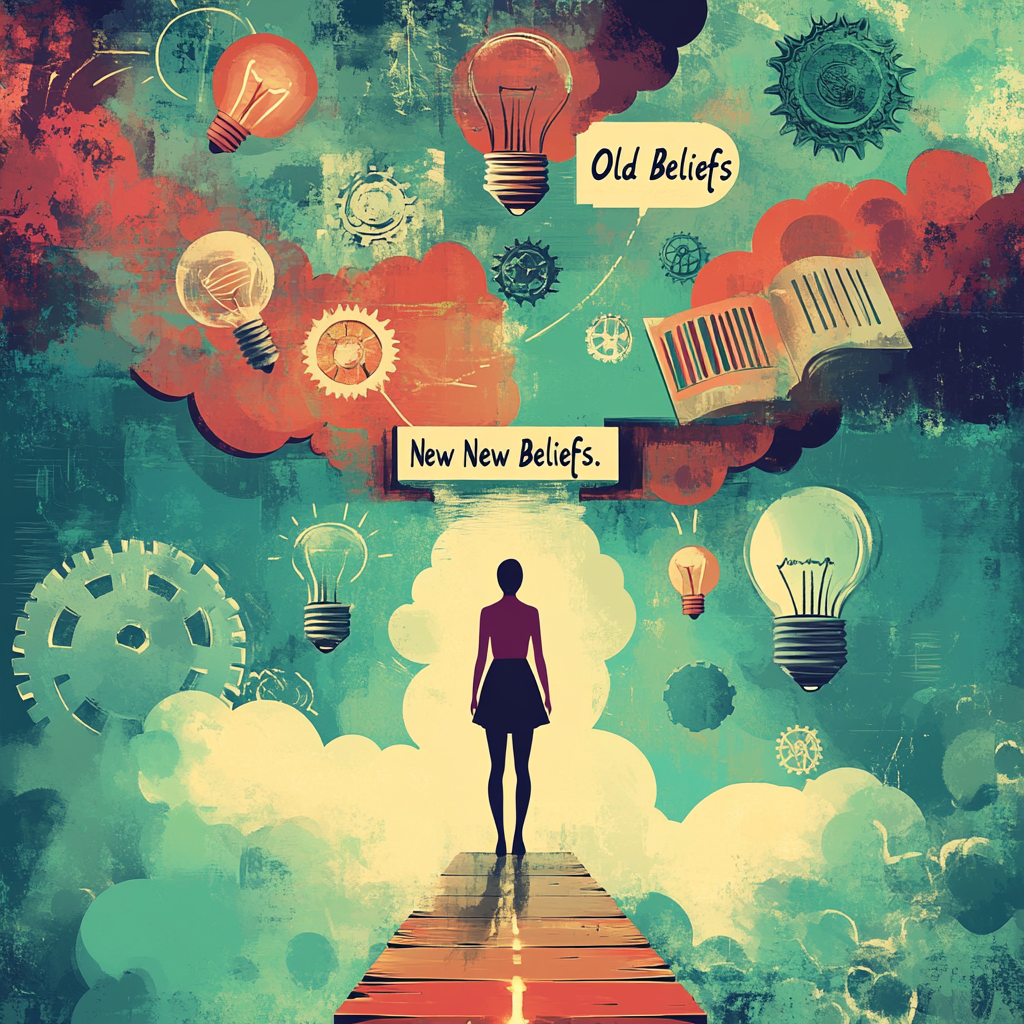 A person standing confidently at a crossroads, facing two paths—one representing old beliefs and the other new beliefs—illustrating the journey of re-correcting professional beliefs for success. Professional Guidance Re-correcting Professional Beliefs Growth Mindset Motivation Personal Development Consistent Action Empowerment Success Path Mindset Transformation