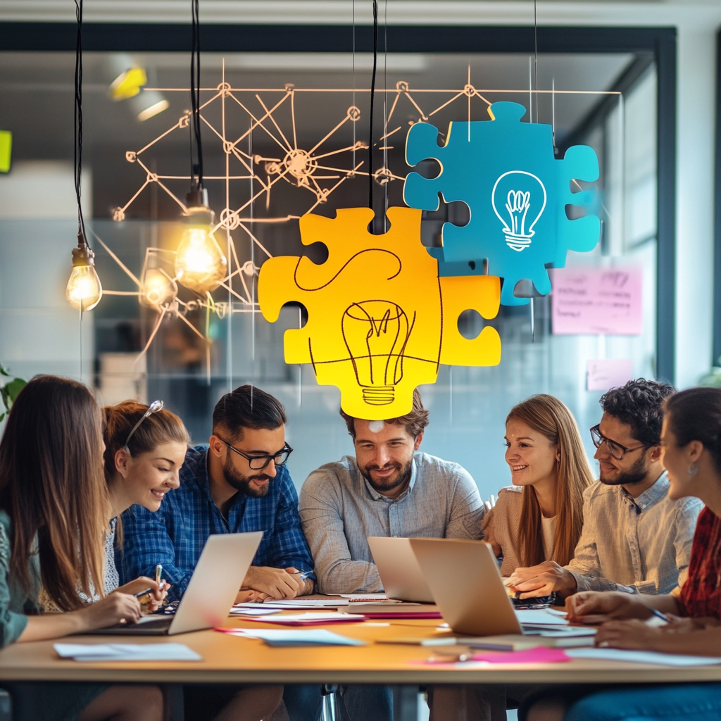 "Diverse team collaborating around a table, sharing knowledge and working together on professional growth and innovation." Team Spirit Professional Growth Knowledge Sharing Collaboration Leadership Empowerment Teamwork Innovation Emotional Intelligence