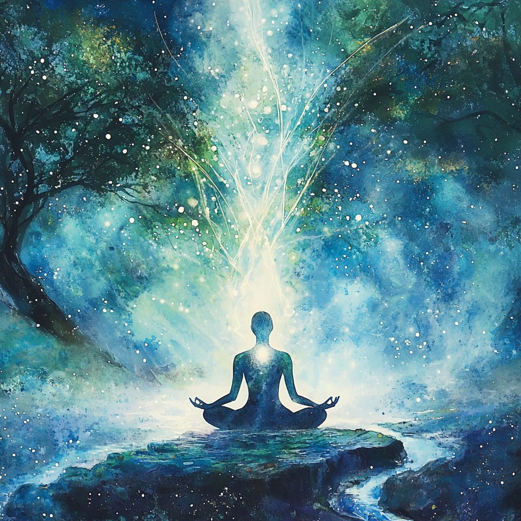 "Person meditating with light flowing from their body, symbolizing the connection between the physical, emotional, mental, and spiritual dimensions for manifestation." Healthy flow Manifestation Higher dimensions Energy flow Mind-body connection Spiritual awakening