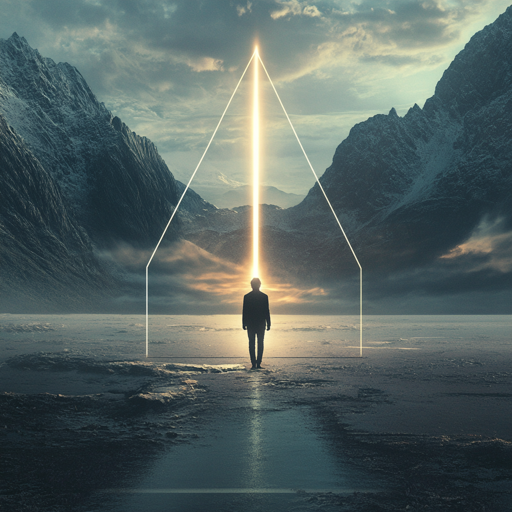A person standing at a crossroads, illuminated from within, representing the journey of self-discovery and transformation through integrative coaching. Self-knowledge, transformation, coaching, awareness, personal growth, empowerment, balance, mindfulness, inner power.