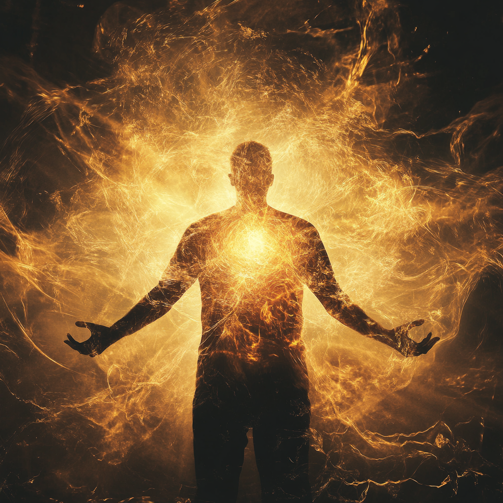 A confident person using open body language, with an ethereal glow symbolizing influence in both physical and unseen realms.
Body language, persuasion, influence, non-verbal communication, ethereal energy, subconscious signals.