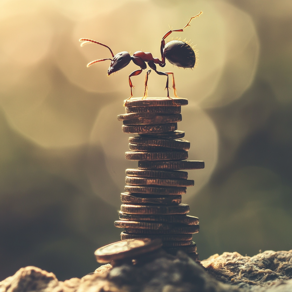 An ant carrying a golden coin on its back, walking carefully on a thread above a fluctuating financial graph, symbolizing financial beliefs and mindset shifts.
Financial beliefs, money mindset, financial freedom, wealth mindset, personal finance, abundance, financial transformation, success, financial growth, financial planning.