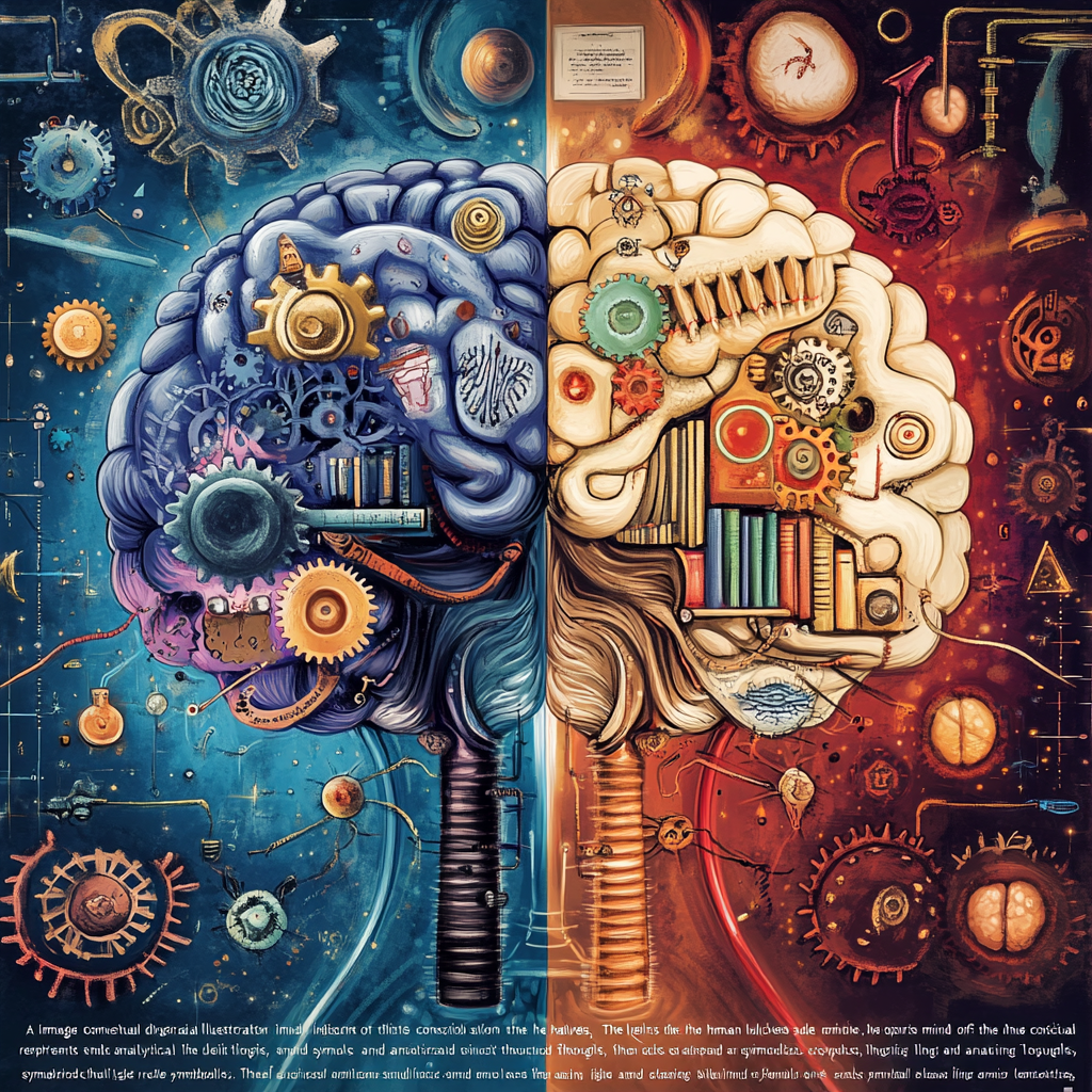 A conceptual illustration showing the dual nature of the human mind—one side representing logic and analysis, while the other symbolizes intuition and unconscious influences. Decision making, conscious mind, unconscious mind, cognitive process, emotional intelligence, self-awareness, critical thinking, intuition, psychology