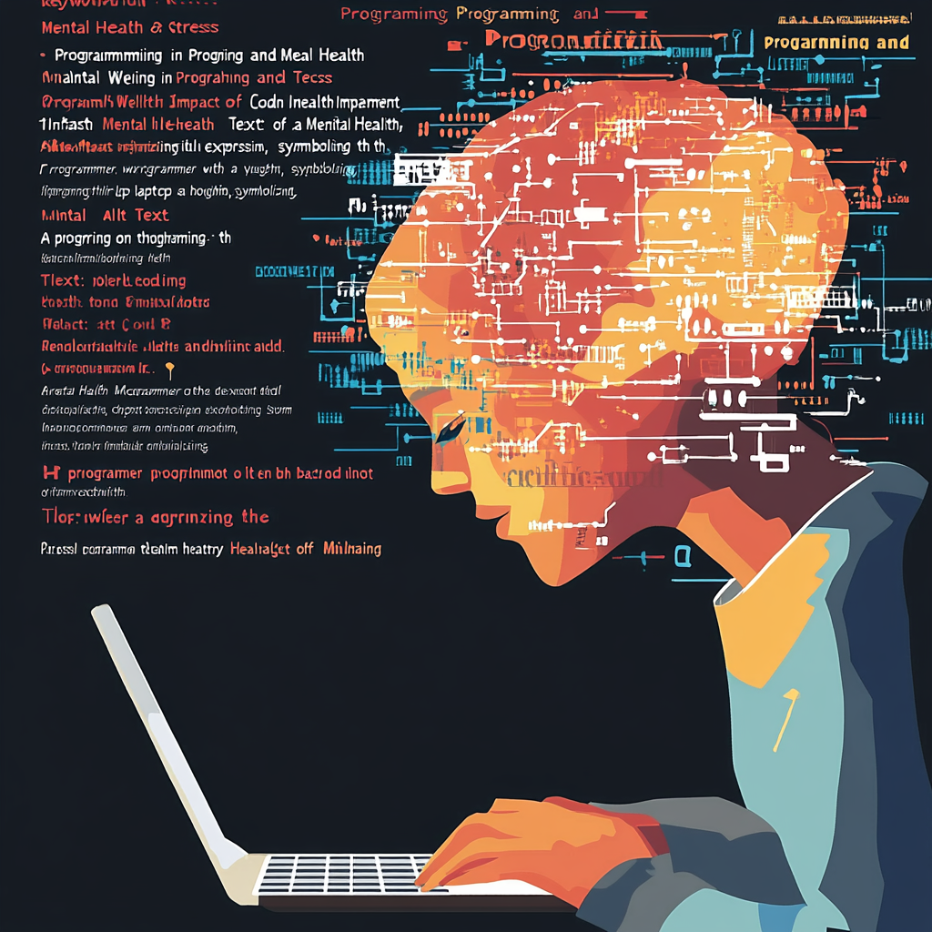 "The Impact of Programming on Mental Health: Understanding the Connection" A programmer working on a laptop with a thoughtful expression, symbolizing the mental challenges of coding.
A close-up image of a person programming with a background of code and brain graphics, representing the cognitive and emotional impact of programming.
Programming and Mental Health
Mental Health in Programming
Programming Stress Management
Mental Well-being in Tech Industry
Impact of Coding on Mental Health