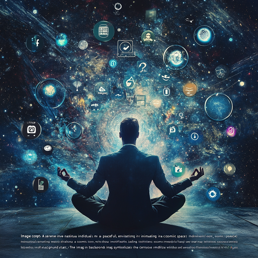 A person meditating calmly while digital distractions and chaotic thoughts dissolve into the background, symbolizing the power of disengagement. Disengagement, Focus, Inner Peace, Mindfulness, Stress Relief, Mental Clarity, Digital Detox, Emotional Balance, Productivity, Serenity