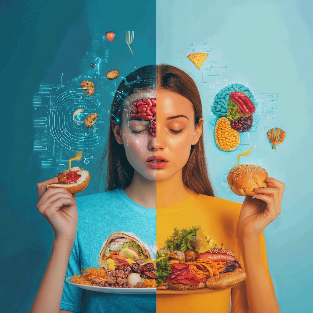 "How Food Shapes Your Mind, Emotions, and Body: The Hidden Connection" "A side-by-side comparison of a person eating junk food and looking fatigued versus eating healthy food and appearing energized, representing the effect of diet on thoughts, emotions, and body health."
Food and Mood
Gut-Brain Connection
Healthy Eating
Emotional Eating
Nutrition and Mental Health
Mindful Eating
Brain Food
Sugar and Anxiety
Caffeine and Focus
Hydration and Mood