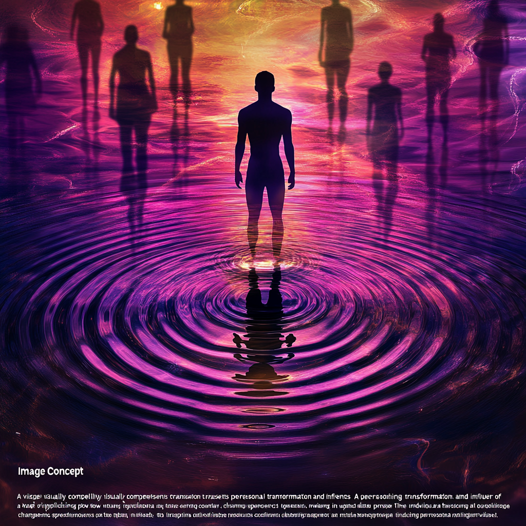 "A person standing in the center of rippling water, symbolizing how personal change influences others through actions rather than words." personal reform, self-improvement, leadership by example, personal growth, inspire change, self-discipline, transformation journey