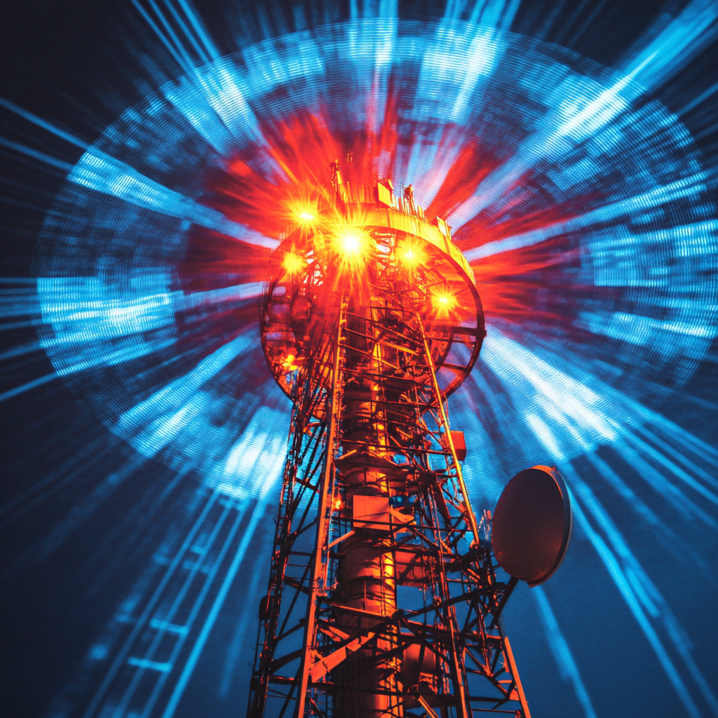 A high-tech communication tower emitting electromagnetic waves, symbolizing the transmission of high-frequency signals. High-frequency transmission, vibration transmission, electromagnetic waves, signal amplification, antenna technology, 5G communication, advanced modulation, future technology, signal interference, quantum communication.