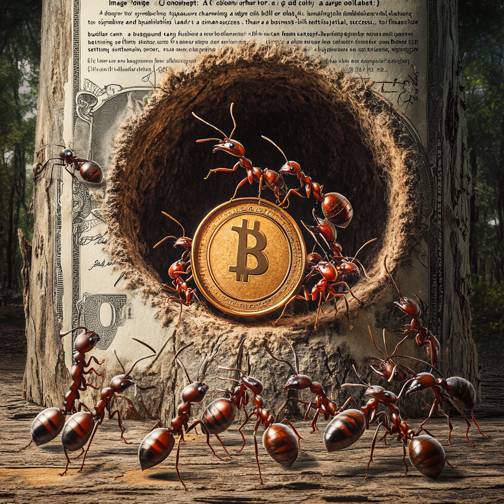 "A group of ants working together to carry a gold coin, symbolizing the power of relationships and teamwork in achieving financial success." Teamwork Collaboration Financial success Relationships Wealth-building Business networking Strength in unity Strategic alliances