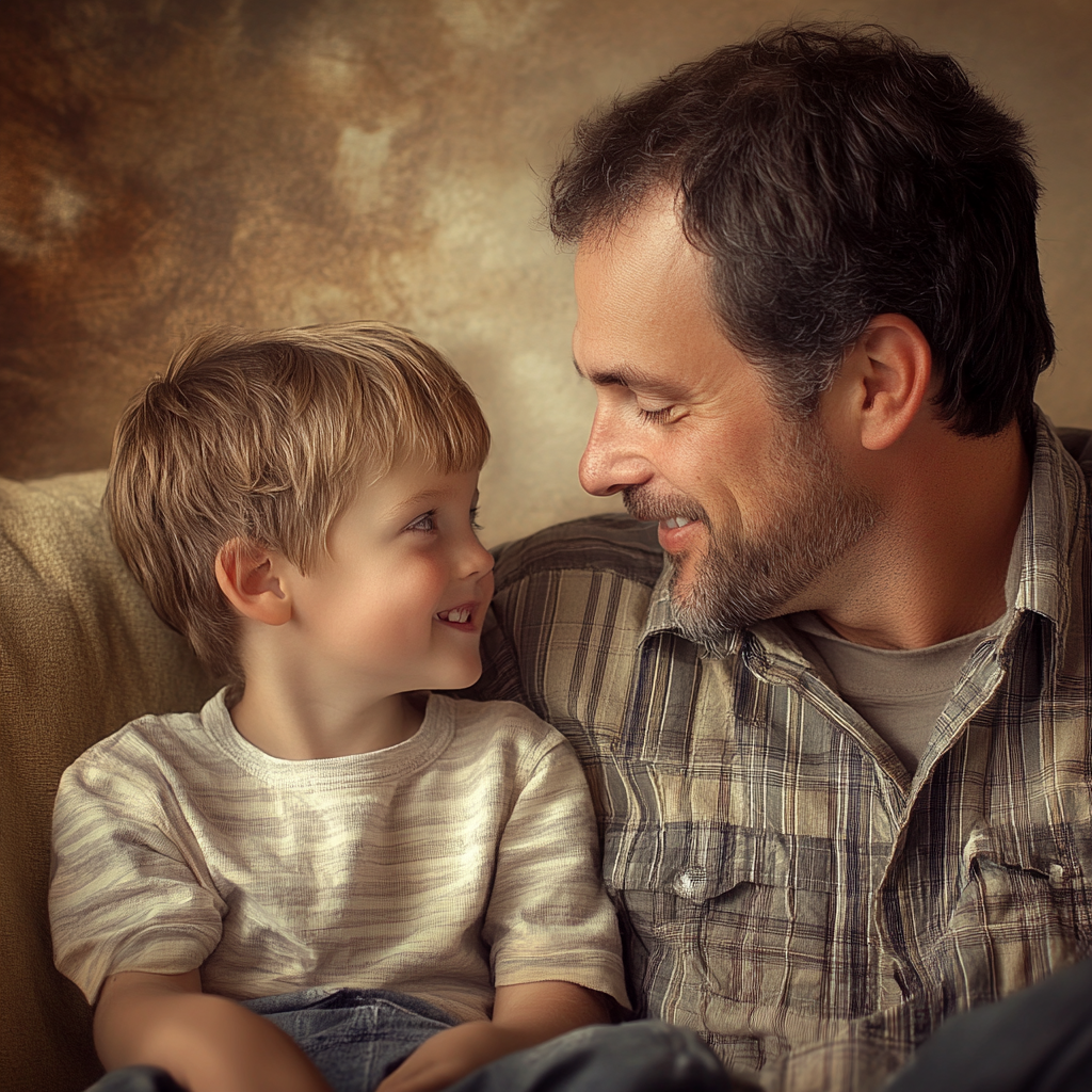 A father practicing soft power in parenting, listening attentively to his child in a warm and supportive home environment. Smart father, soft power, parenting, emotional intelligence, trust, active listening, father-child relationship, guidance, mentorship, fatherhood.
