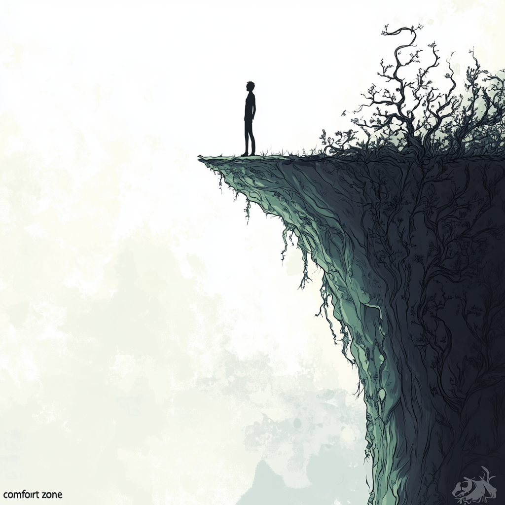 "A determined individual stepping beyond the comfort zone, symbolizing growth, continuous development, and the journey to success." Comfort zone myth Continuous development Growth mindset Success through discomfort Personal transformation Overcoming fear Challenge and growth Self-improvement journey Embracing change Breakthrough success
