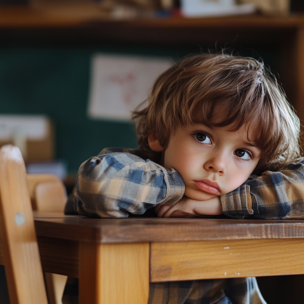 A child sitting at a desk looking slightly restless, surrounded by a calm and organized learning environment. Hyperactive behavior, child behavior, emotional needs, cognitive development, parent-child relationship, managing hyperactivity