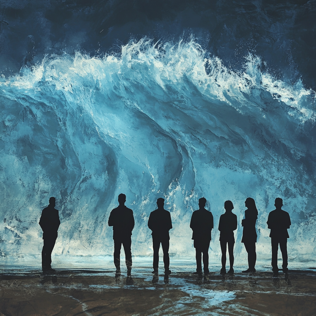 A serene and powerful ocean scene with silhouettes of five individuals standing together, symbolizing how the people we meet shape our lives and personal growth. Ocean, Relationships, Influence, Tides of Change, Power of People, Personal Growth, Unseen Forces, Connection, Resilience, Self-Improvement
