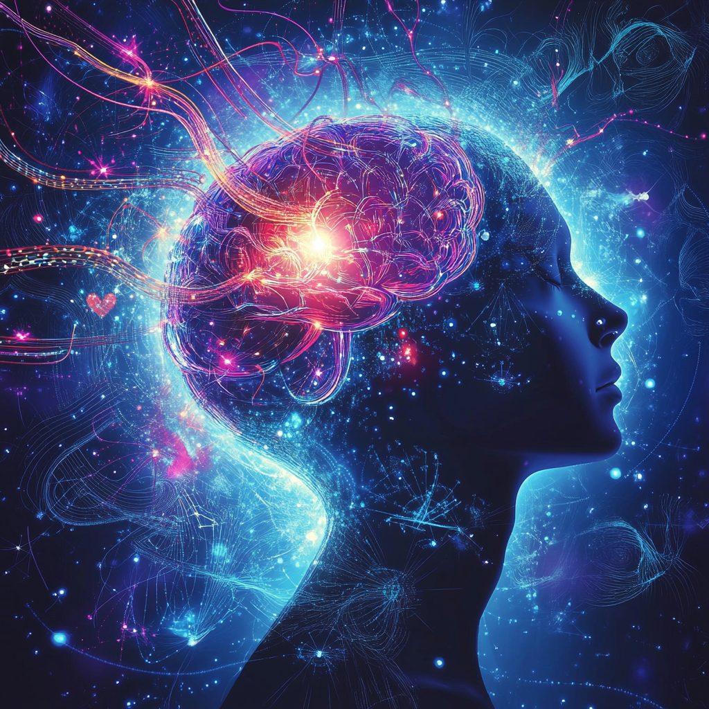 The Force of Attraction: How Your Thoughts and Feelings Shape Your Reality An abstract visualization showing the connection between thoughts and external outcomes, with light and energy symbols surrounding a person's head, symbolizing how our inner energy attracts opportunities in life.
Force of Attraction, Manifestation, Self-awareness, Energy, Mindset, Personal Growth