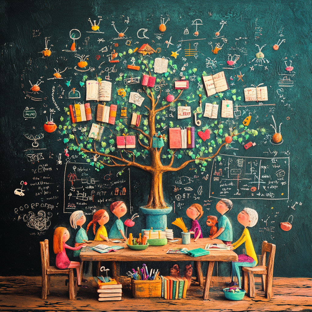 A diverse family of four, working together at a table with educational materials, symbolizing the importance of sound foundations in education and a unified approach for every family member. Sound foundations of education Unified approach Family education Learning together Education for all Family members