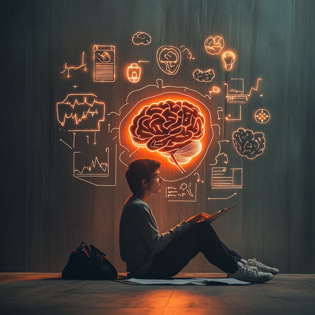 A person engaged in psychometric testing for mental health evaluation, with symbols of brain function, emotions, and personality traits around them. Psychometrics, Mental Health, Evaluative Diagnosis, Psychological Assessment, Cognitive Ability, Emotional Intelligence