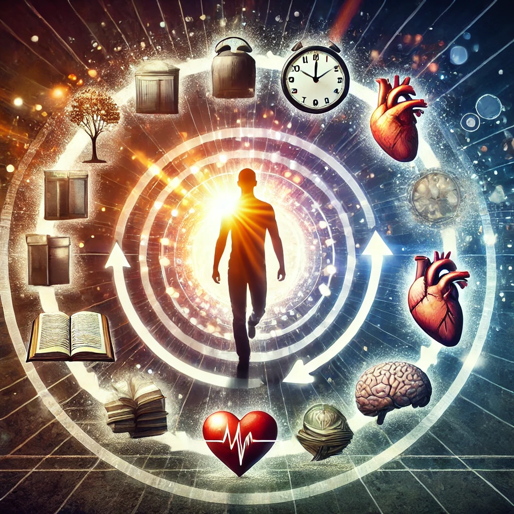 A person on a circular path of evolving habits, with icons symbolizing books, clocks, heart, and brain. The image represents the journey of personal transformation and growth.
Personal change, habits, transformation, growth, self-development, evolution, mindset.