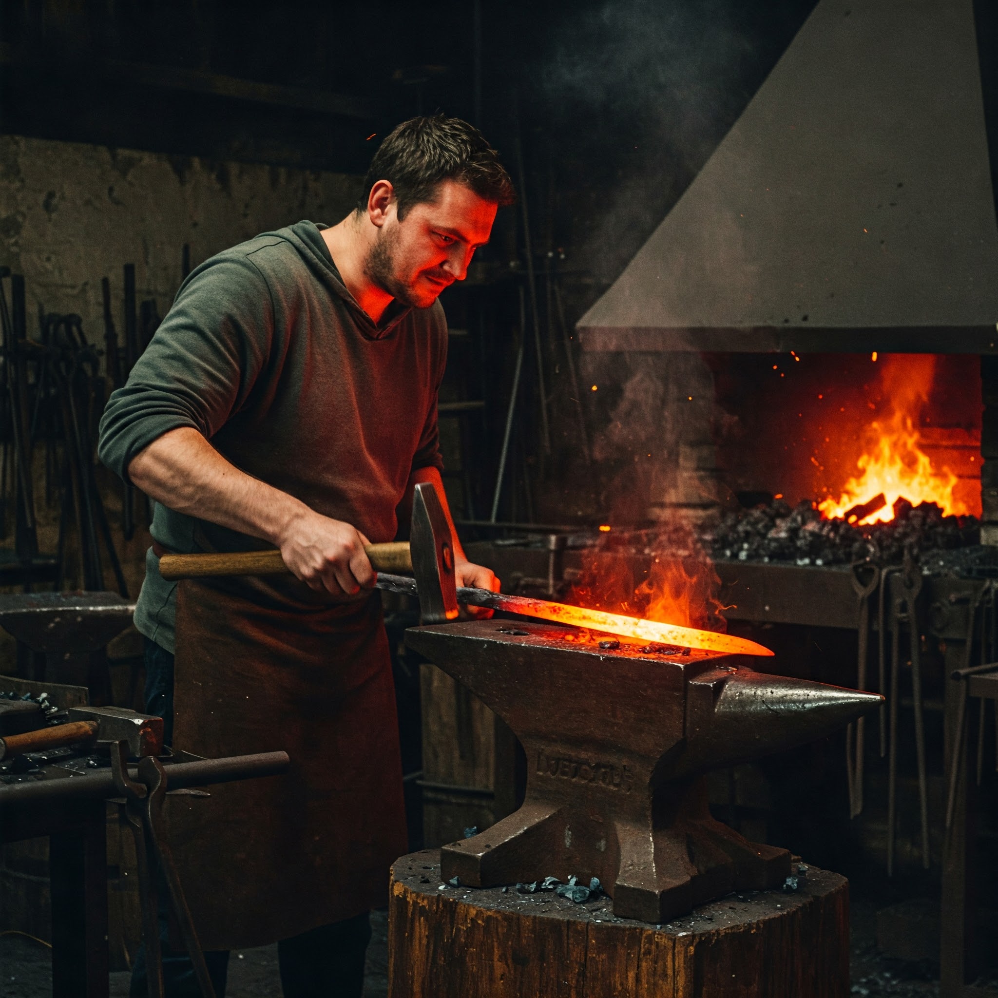 A blacksmith forging a sword in a fiery furnace. entrepreneur, mindset, success, resilience, perseverance