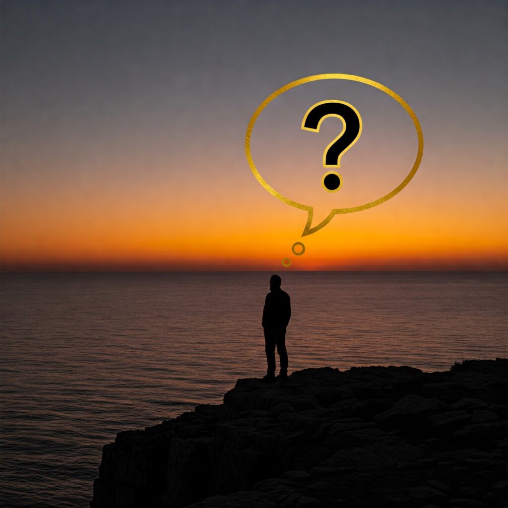 A black and white image of a lone person standing on a cliff overlooking a vast ocean, silhouetted against a fiery sunset, with a thought bubble containing a question mark. The Lonely Fortress of Right, Being Correct, Acceptance, Social Context, Understanding