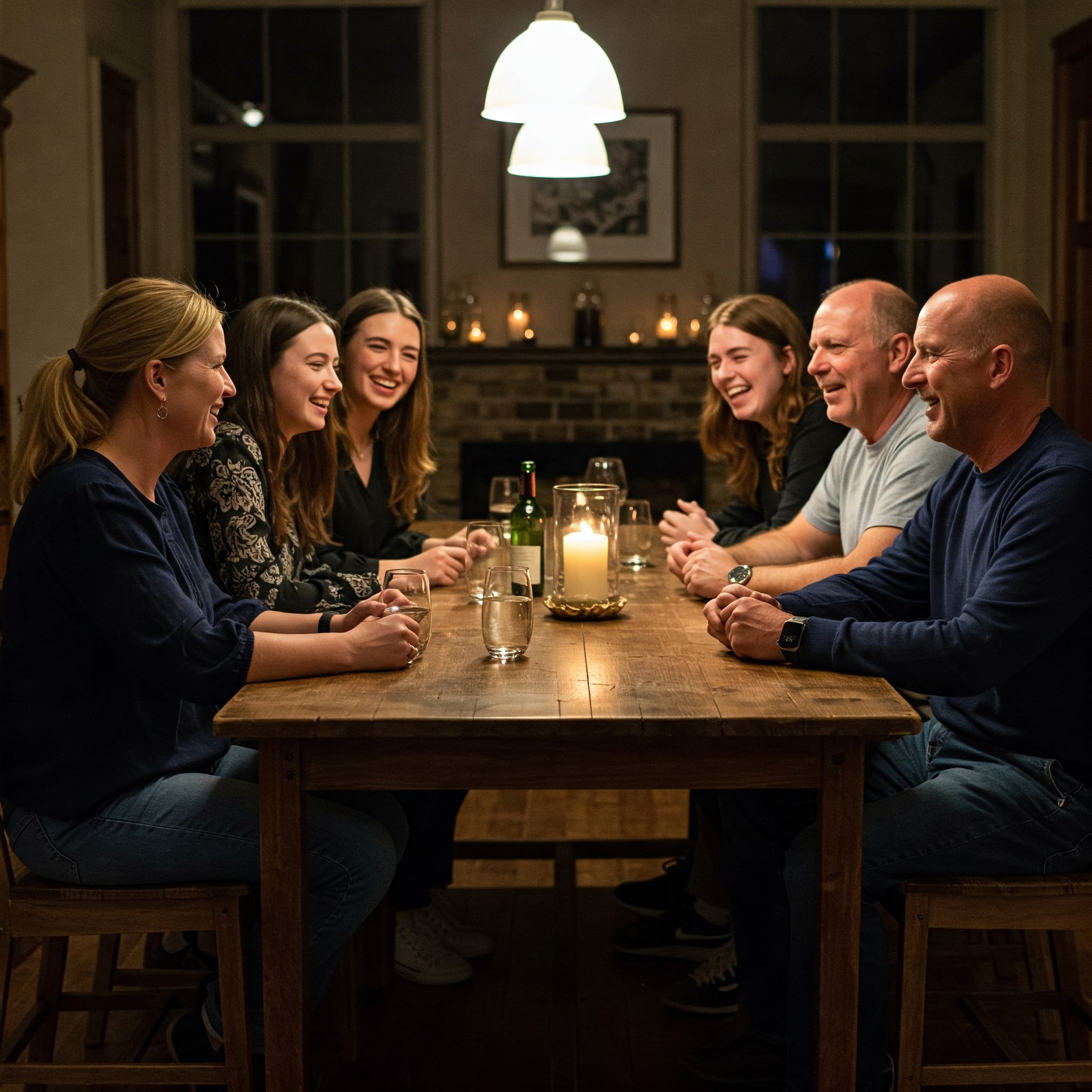 A happy family sitting at a dining table, laughing and talking. family happiness