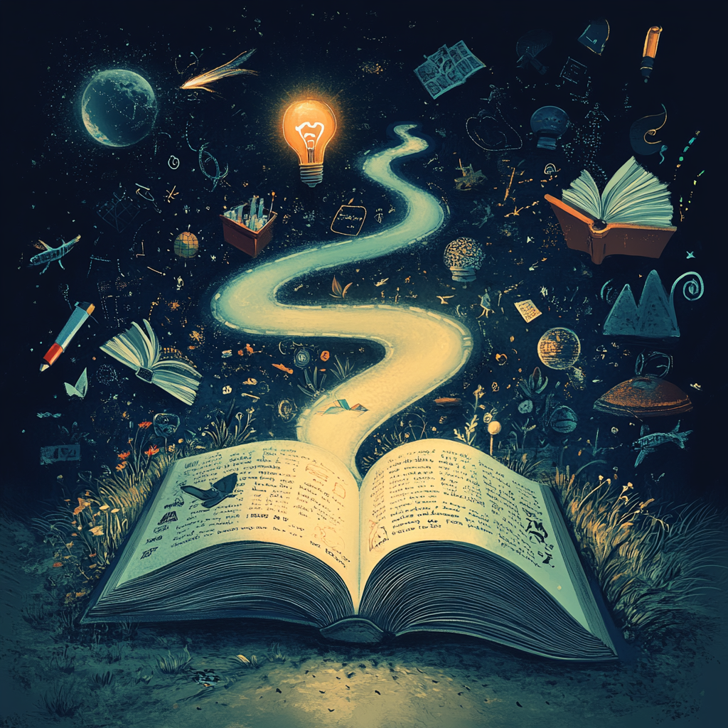 A winding road representing the journey of knowledge, leading to an open book symbolizing understanding. Unexpected objects along the path highlight the surprising nature of discovery. Knowledge Acquisition