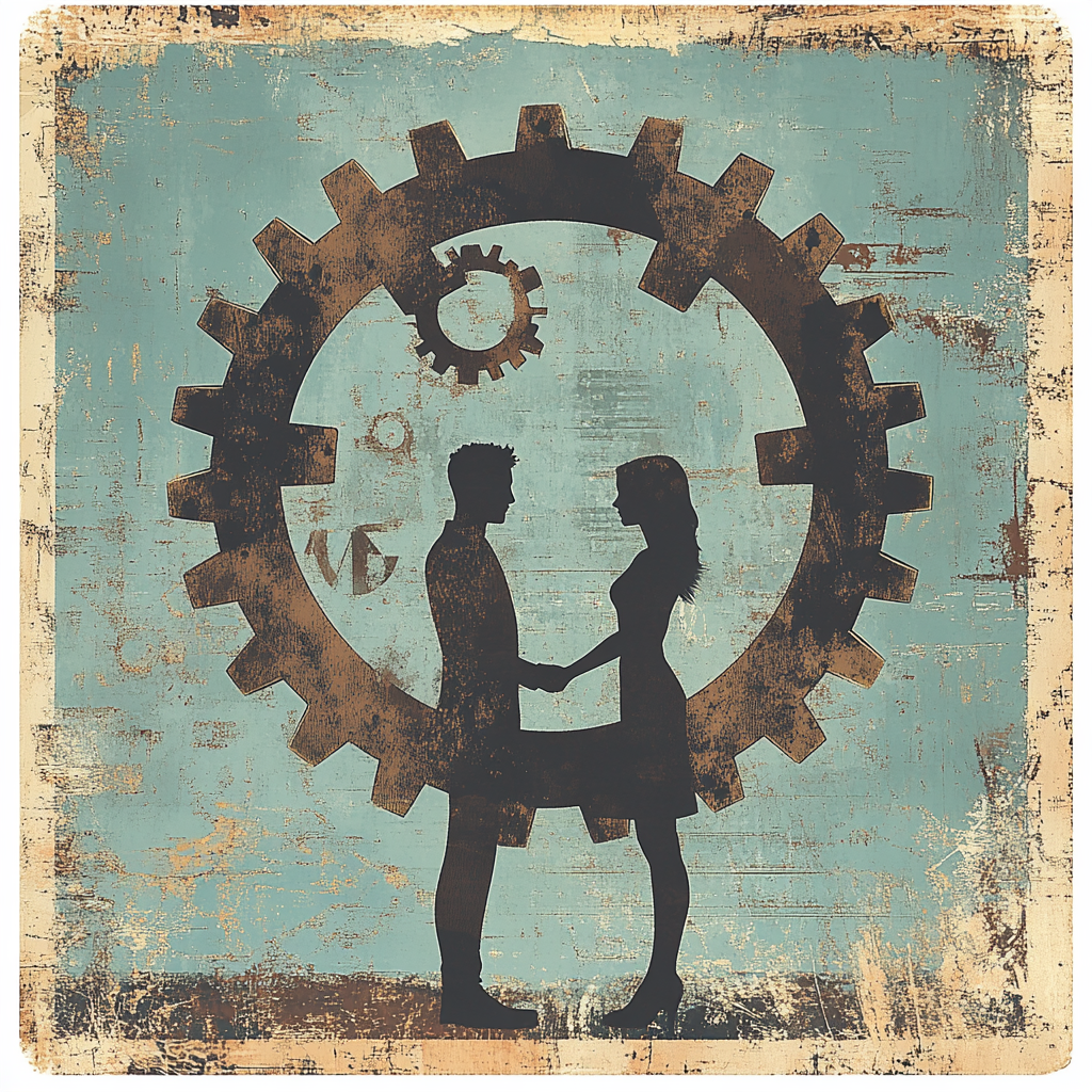 Intertwined gears symbolizing marriage, with a larger, faded gear behind representing the hidden influence of "mother's logic." Mother's logic Marital relationships Family dynamics Parental influence on marriage Hidden relationship rules Gender roles in marriage Communication in marriage Relationship expectations In-law influence