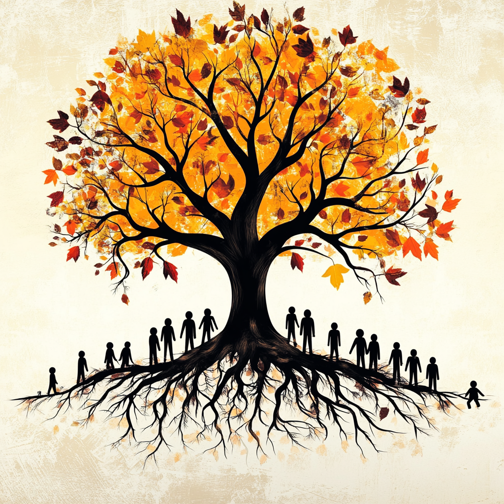 A strong tree with deep roots sheltering individuals, symbolizing family support. Social Solidarity Family Support Emotional Well-being Community Building Intergenerational Connection Family Resilience Positive Relationships Social Fabric Family Dynamics