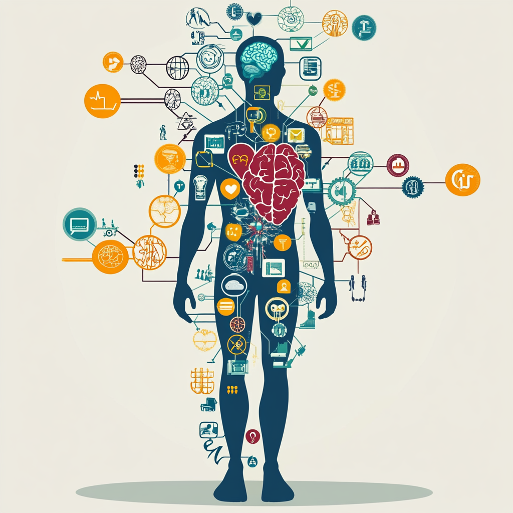 Human silhouette filled with interconnected symbols of different life aspects. Intersection of life aspects Interconnectedness of life Holistic living Life balance Daily habits Life disciplines Personal growth Well-being Interwoven life