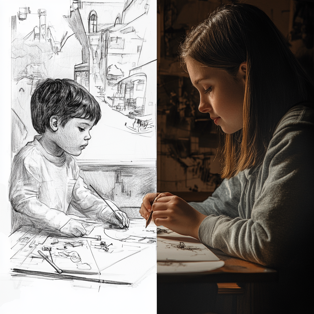 Split image: focused child drawing/building, and encouraging adult watching. child's point of view child development children's ideas respecting children fostering creativity early childhood education parenting child psychology cognitive development children's perspectives