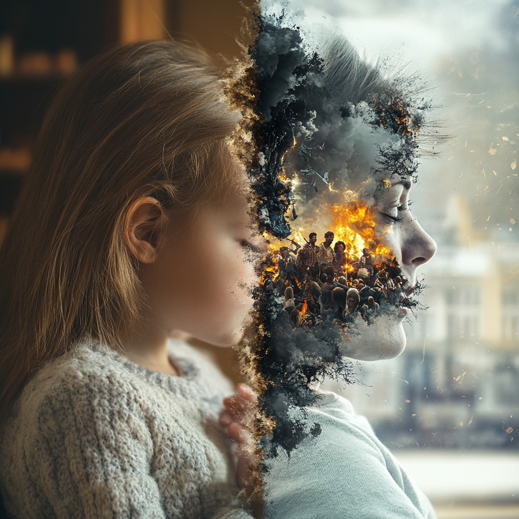 Split image contrasting harmonious parent-child connection with chaotic adult tension. Childhood trauma