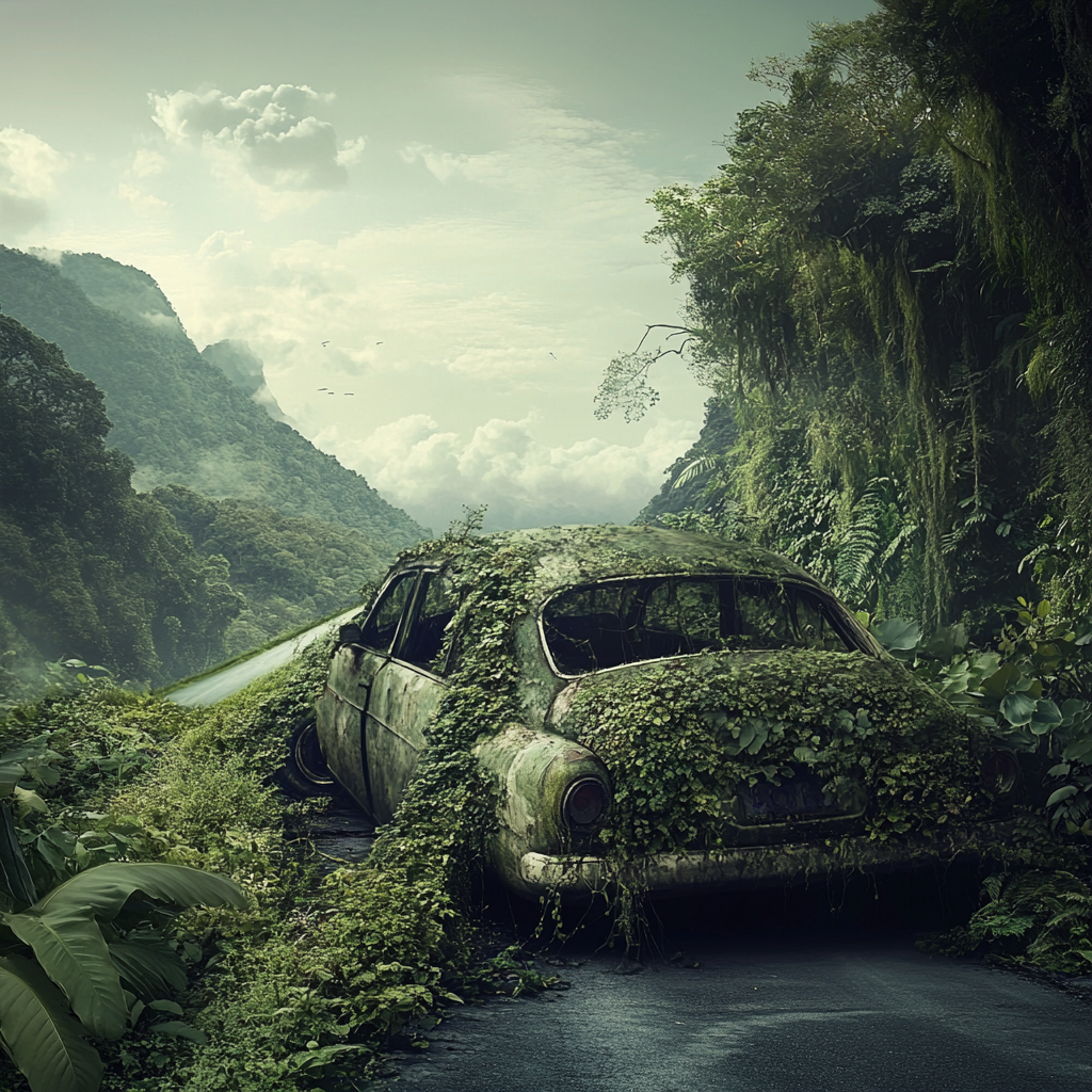 Car with brakes on, symbolizing ecological constraints on societal progress. Ecological Brake