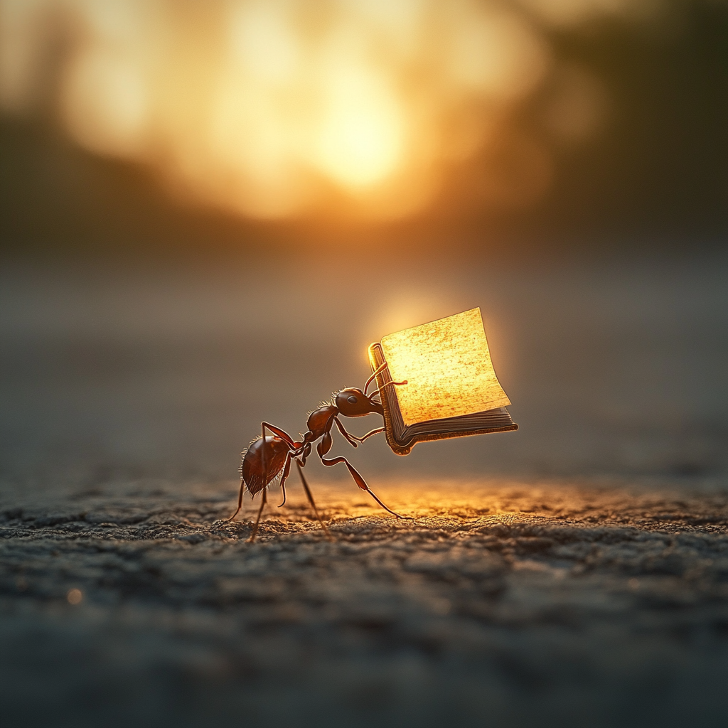 Ant carrying a glowing book, symbolizing intellectual giving. Intellectual Giving
