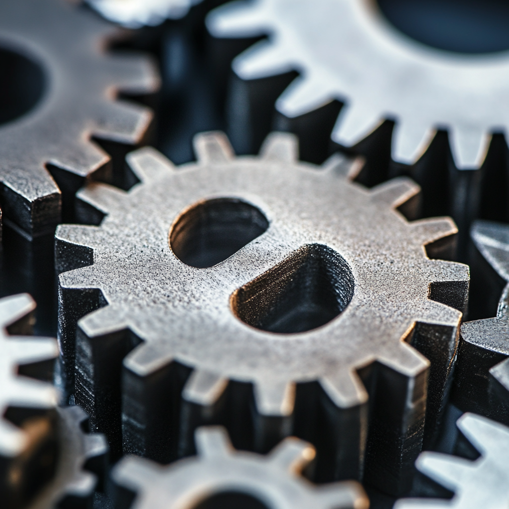 New, shiny gear meshing with older, larger gears, representing a young professional contributing to an established system. Systemic Integration