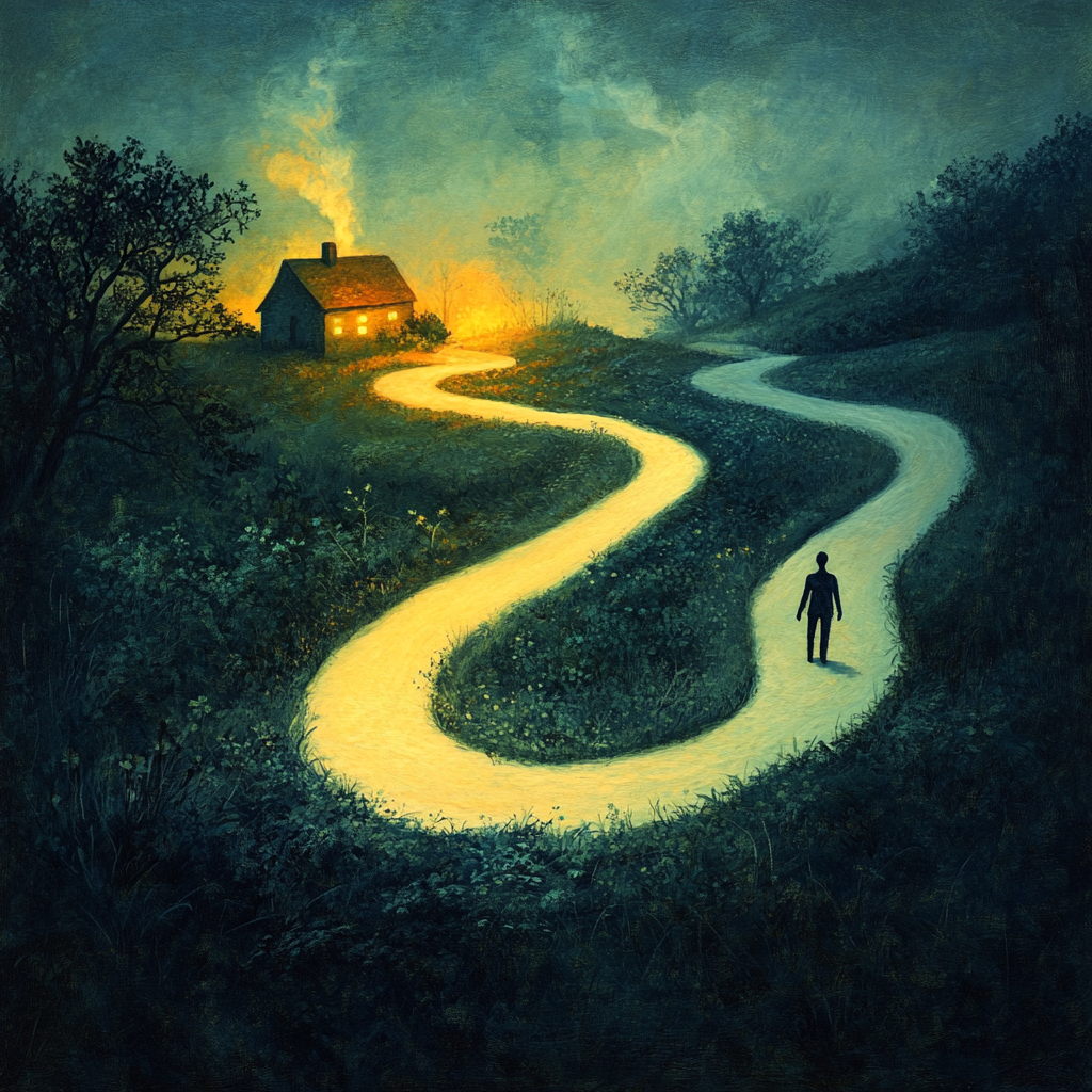 Person standing at a fork in the road, one path leading to a bright home with a couple, the other dark and uncertain, representing the choice between commitment and fear of responsibility. Fear of Responsibility in Relationships