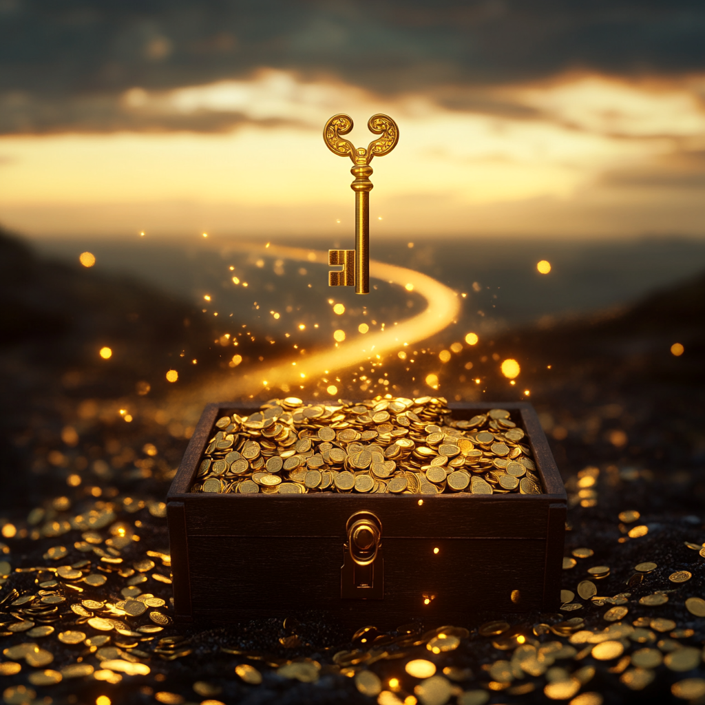 "A golden key unlocking a treasure chest of wealth, representing the power of the financial abundance mindset." Financial abundance, wealth mindset, prosperity, success, financial freedom, financial growth, millionaire mindset, smart investing, money attraction, wealth consciousness.