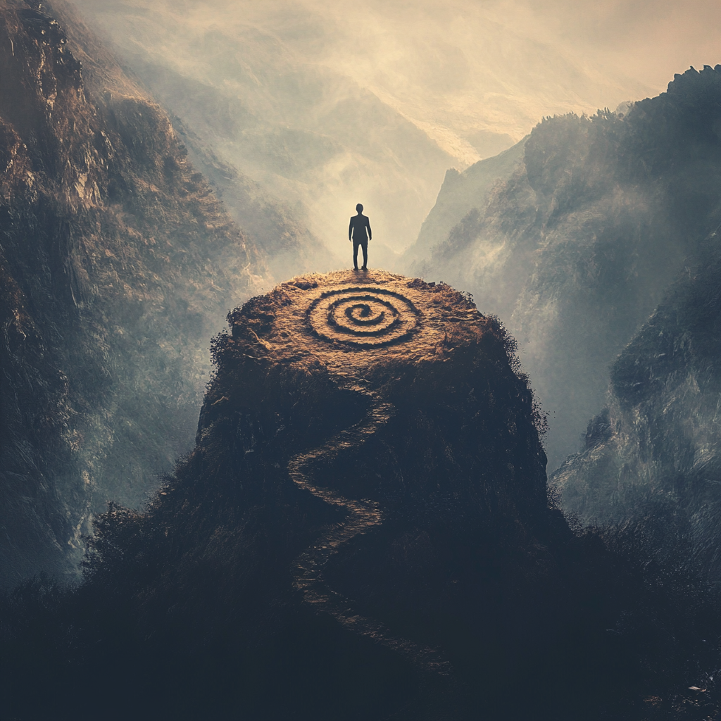 Solitary figure on mountain peak overlooking vast landscape, symbolizing inner journey and finding one's true purpose. True Mission