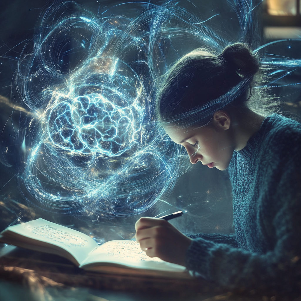 A person writing in a journal, surrounded by swirling lines of light. Rapid reprogramming