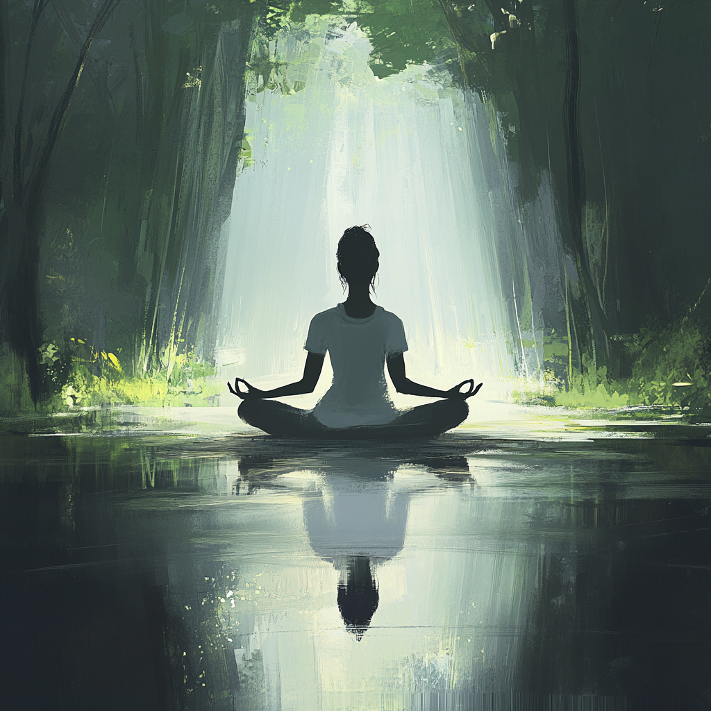 Person meditating peacefully in nature, emphasizing the power of silence for inner peace. Power of Silence