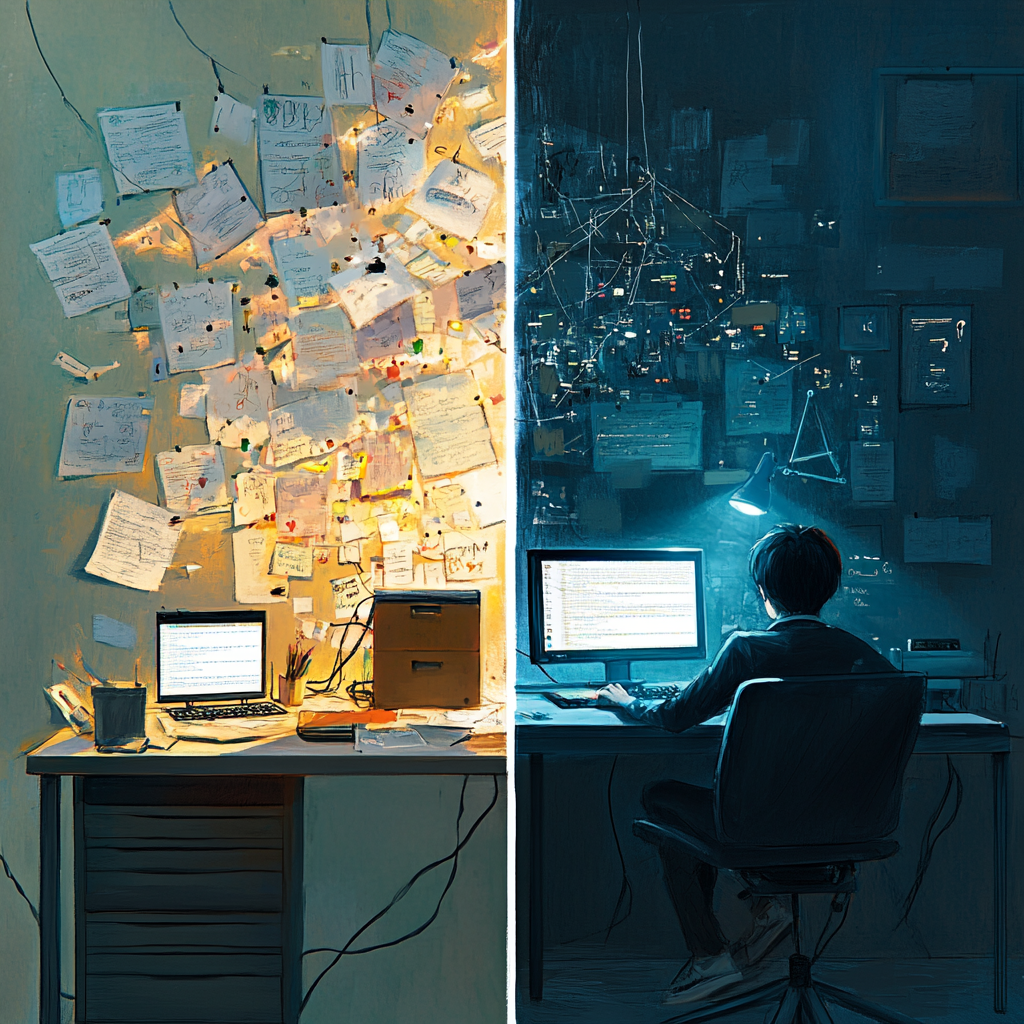 Split image showing chaos on one side representing distractions and calm focus on the other side representing overcoming trivialities for progress. Focus, Productivity, Distraction, Time Management, Prioritization, Overcoming Trivialities, Progress, Concentration, Essentialism.
