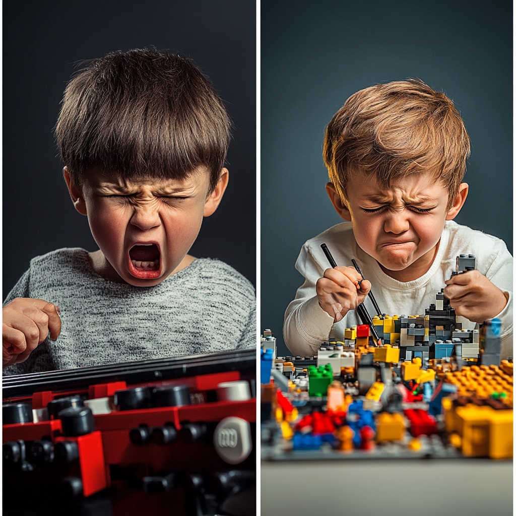 Child looking unhappy practicing music vs. happy building with LEGOs, highlighting the difference between forced and enjoyed hobbies. Child's passion