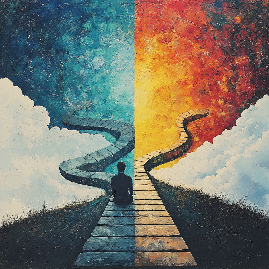 Split image: Person focused on mundane work vs. person looking at a bright horizon with multiple paths. SeeOpportunities
