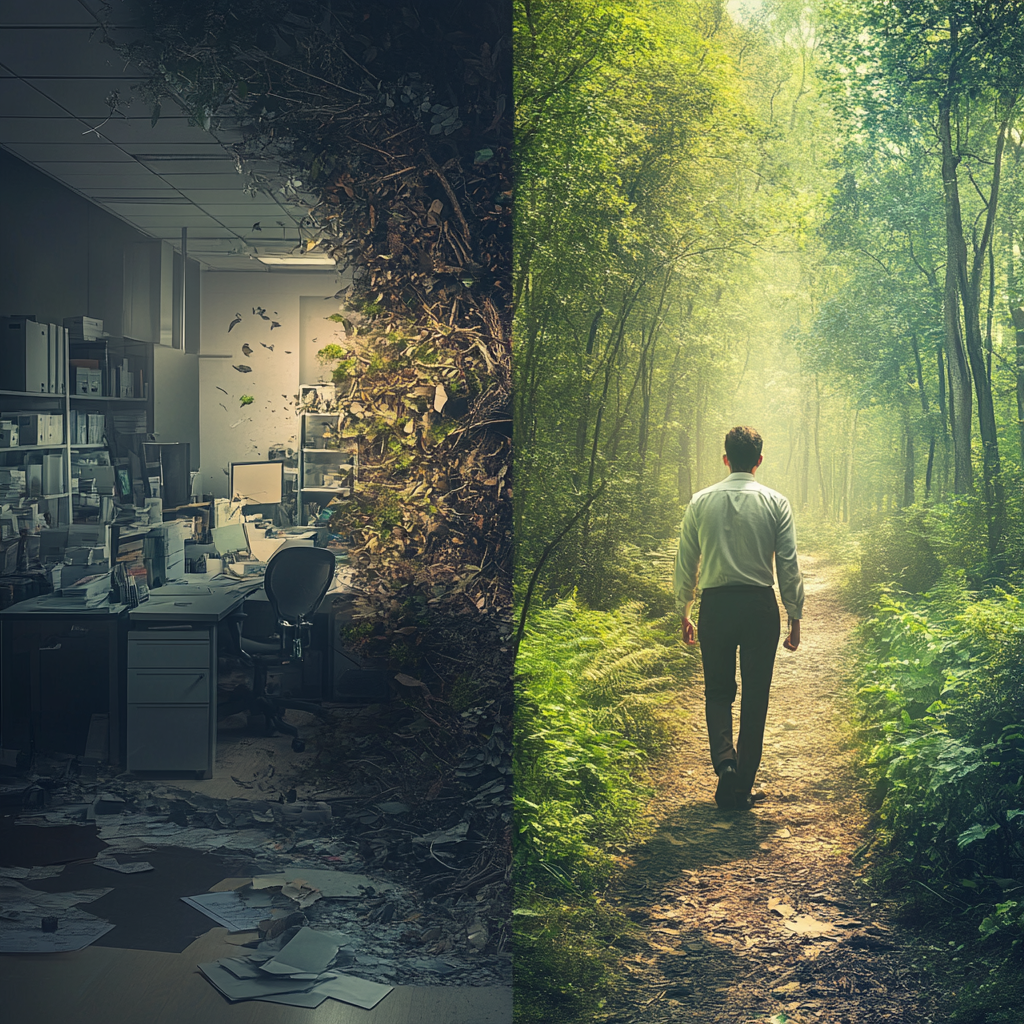 Split image: stressed person in office vs. peaceful person in nature, illustrating the connection between nature and well-being for success. Preserving nature, personal success, sustainability, nature and well-being, environmental conservation.