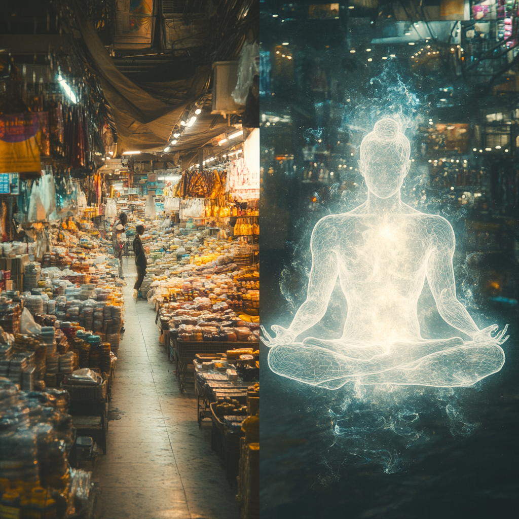 Busy market scene contrasted with a serene, glowing individual, representing the draining energy of markets and the power of inner fortification. Market Energy