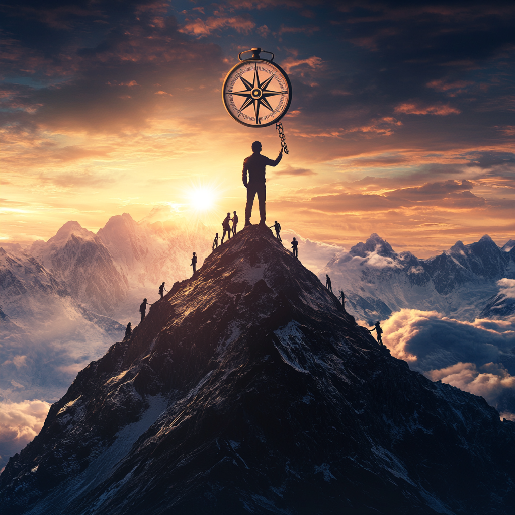 A confident leader standing atop a mountain at sunrise, holding a compass, while diverse individuals climb toward success, symbolizing leadership, vision, and teamwork. Leadership mindset, success, leadership power, self-belief, visionary leadership, leadership growth, personal development, empowerment, teamwork, resilience.