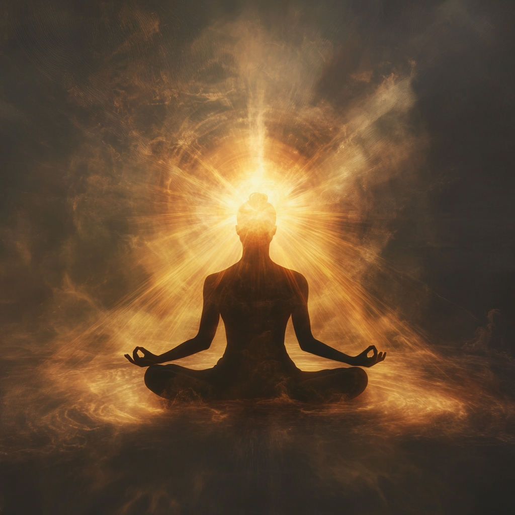 Person meditating with a bright, protective light shield around them, symbolizing the power of focus for spiritual protection. Spiritual Focus, Aura Protection, Mindful Shield