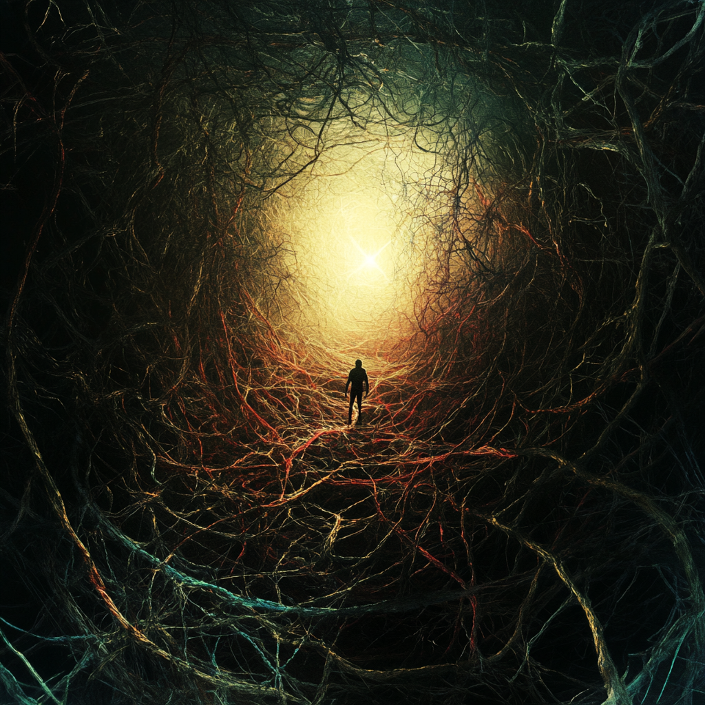 Tangled web of threads, one bright thread leading to a point of light, representing the journey to regain focus. focus, direction, habits, mindfulness, spiritual journey, mental clarity, purpose