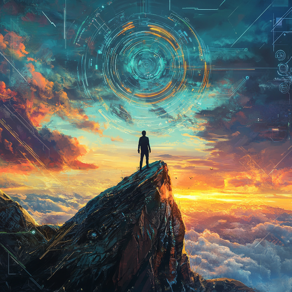 A person standing at the edge of a cliff, gazing towards the horizon of endless possibilities, representing the mindset of innovation, growth, and continuous personal development. Mindset of Innovation, Personal Development, Growth, Change, Transformation, Innovation Mindset, Continuous Learning, Empowerment, Success