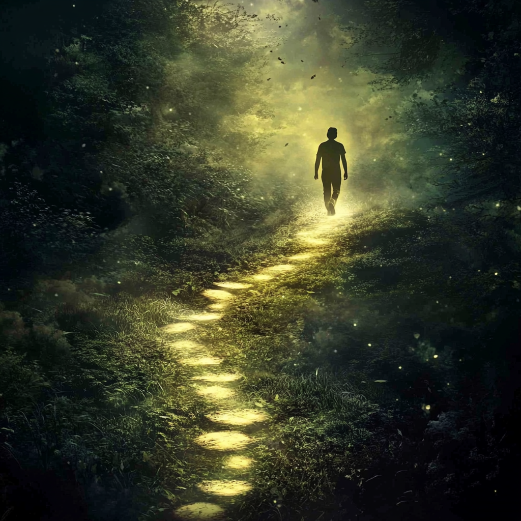 Mentality of Flexibility, Spiritual Growth, Actions Speak Louder Than Words, Religious Flexibility, Empathy in Religion, Adaptability in Faith, Integrity and Spirituality, Purpose-driven Life, Empowering Others through Spirituality A person walking a winding path through a forest, symbolizing leading with actions, not words, in alignment with the mentality of flexibility.