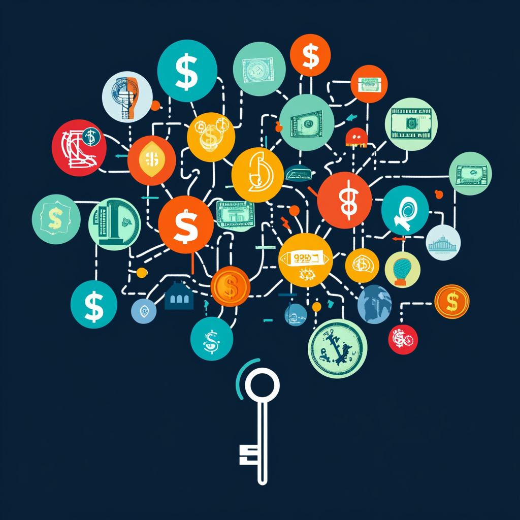 Intertwined currency symbols forming speech bubbles, representing the concept of money as a language. Language of Money