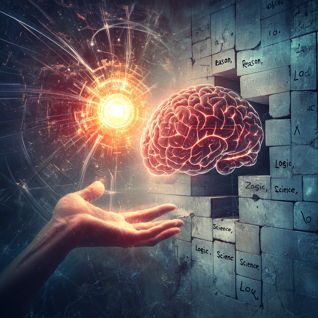 Brain divided into logical gears and spiritual constellations, representing the duality of understanding. Spiritual Logic